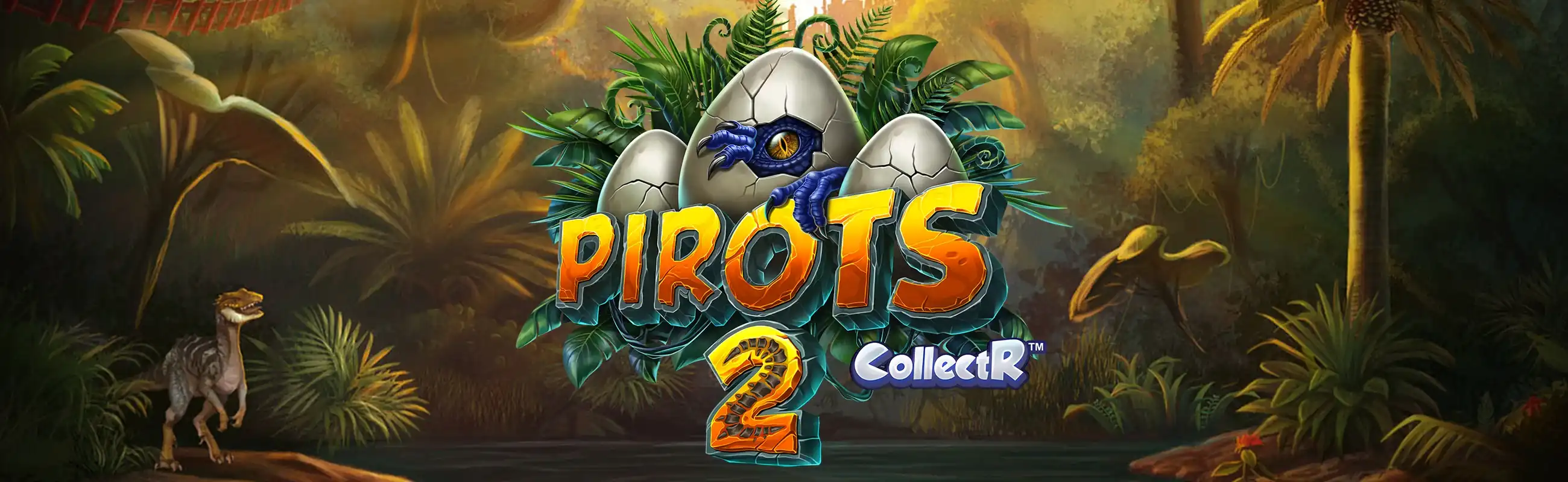 Pirots 2 promotional banner with dinosaurs and the four birds