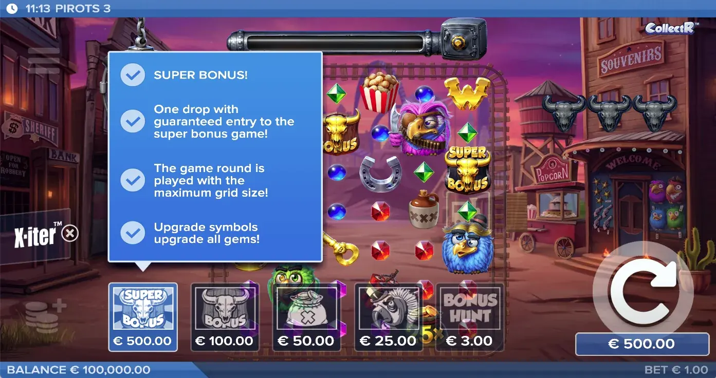 Pirots 3 X-iter menu