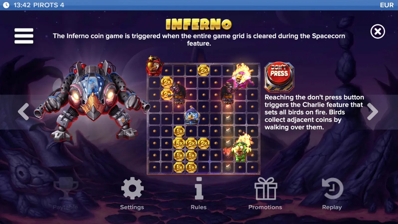 Pirots 4 Inferno pay table 7