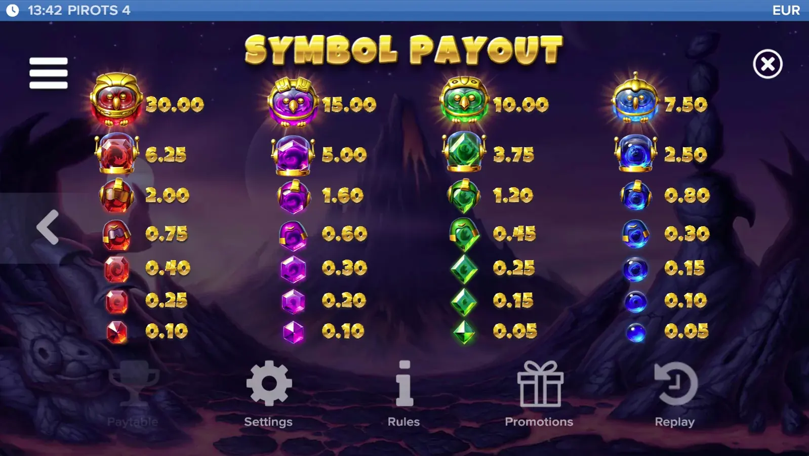 Pirots 4 Inferno pay table 9